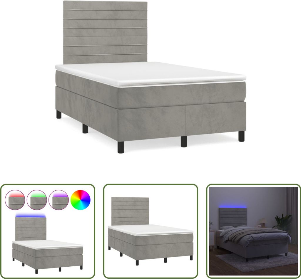 The Living Store Boxspringbett mit Matratze & LED Hellgrau 120x190 cm Samt