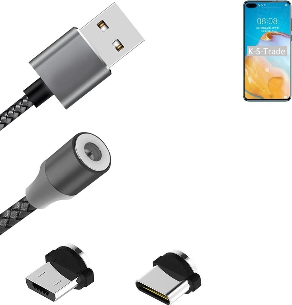 K-S-Trade Hochwertiges Magnet-Lade-kabel Sync-Kabel Daten-Kabel für Huawei P40 4G mit USB-Typ-C-Anschluss und Micro-USB-Anschluss 2A bis zu 480mbps