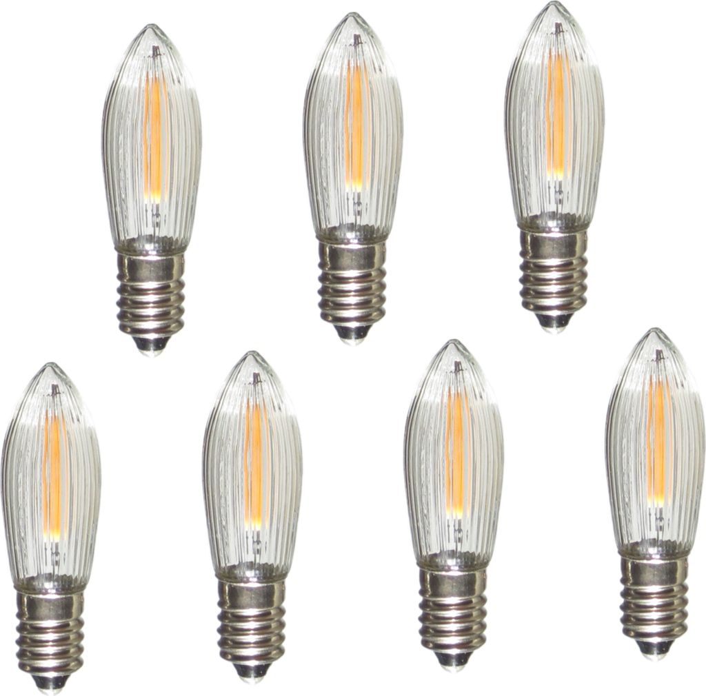 Seven LED filament bulbs arranged in two rows on a white background.