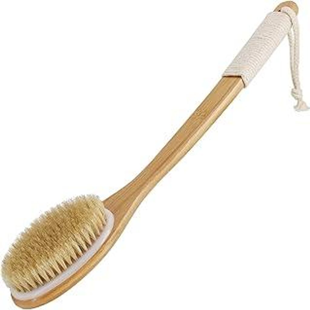 SAUNNIHEN Rückenbürste Badebürste Dusche, 43cm Bambus Duschbürste mit Langem Gebogene Stiel, Naturborsten Körperbürste Lang Dusche Trockenbü...