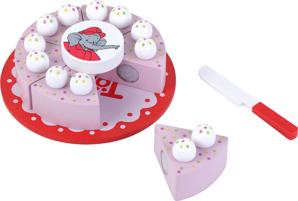 A wooden toy cake with slices, candles, and a knife, set against a white background.