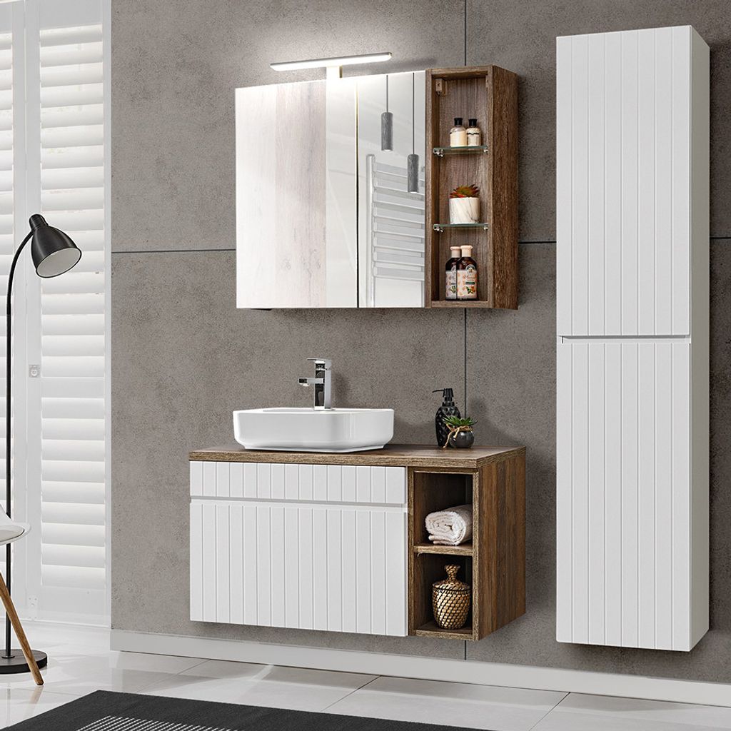 Badezimmermöbel Set in weiß matt mit Vintage Eiche Nb. IRAKLIO-56 inkl. Waschbecken und LED-Spiegelschrank, B/H/T: ca. 135/200/46 cm