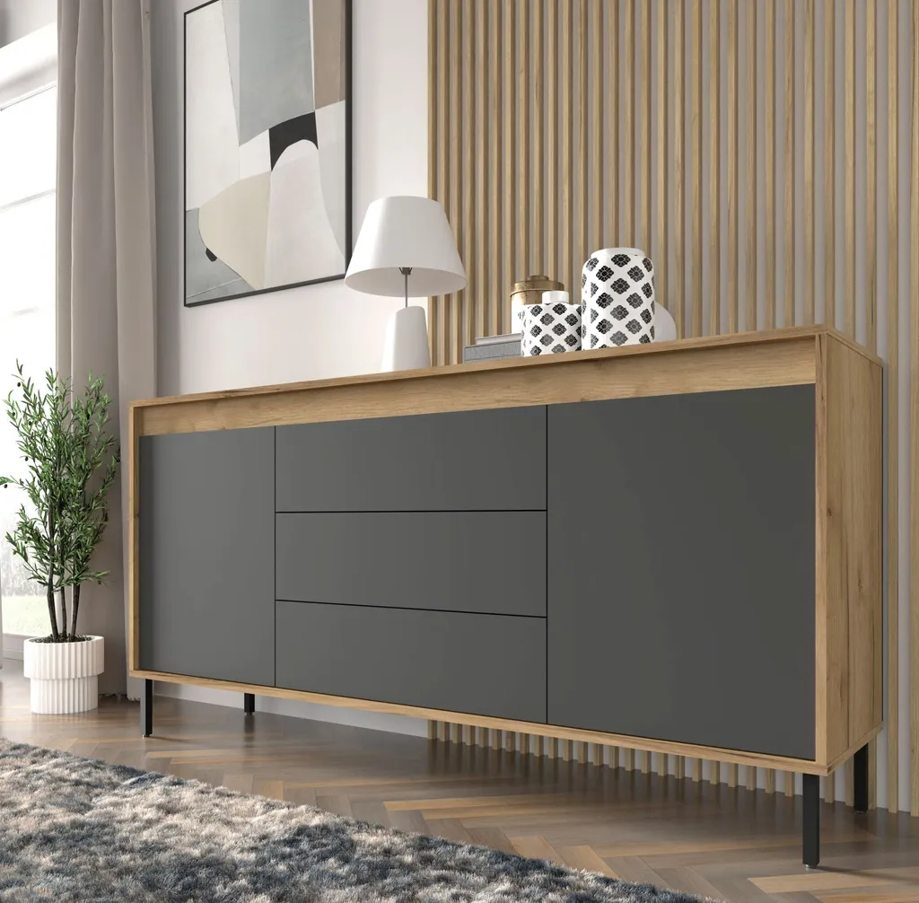 Commode Nesta 2D3S 166 cm Craft Gold et Basalt - Buffet avec 3 Tiroirs
