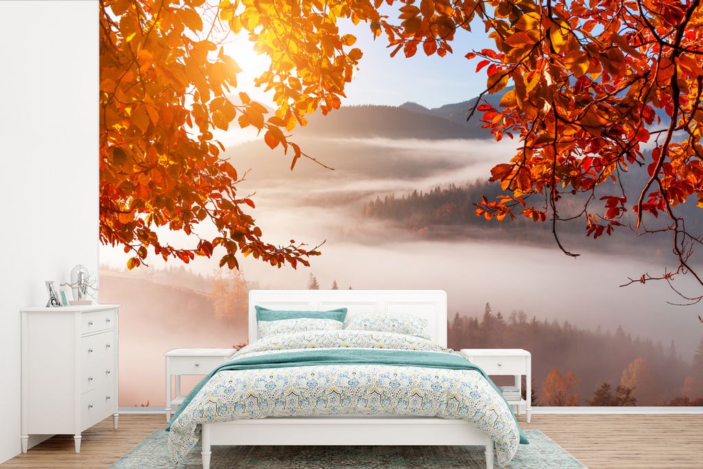 MuchoWow Fototapete für Wohnzimmer oder Schlafzimmer Wandtapete Vinyl Motivtapete Nebel - Baum - Herbst - 525x350 cm - Das Hintergrundbild