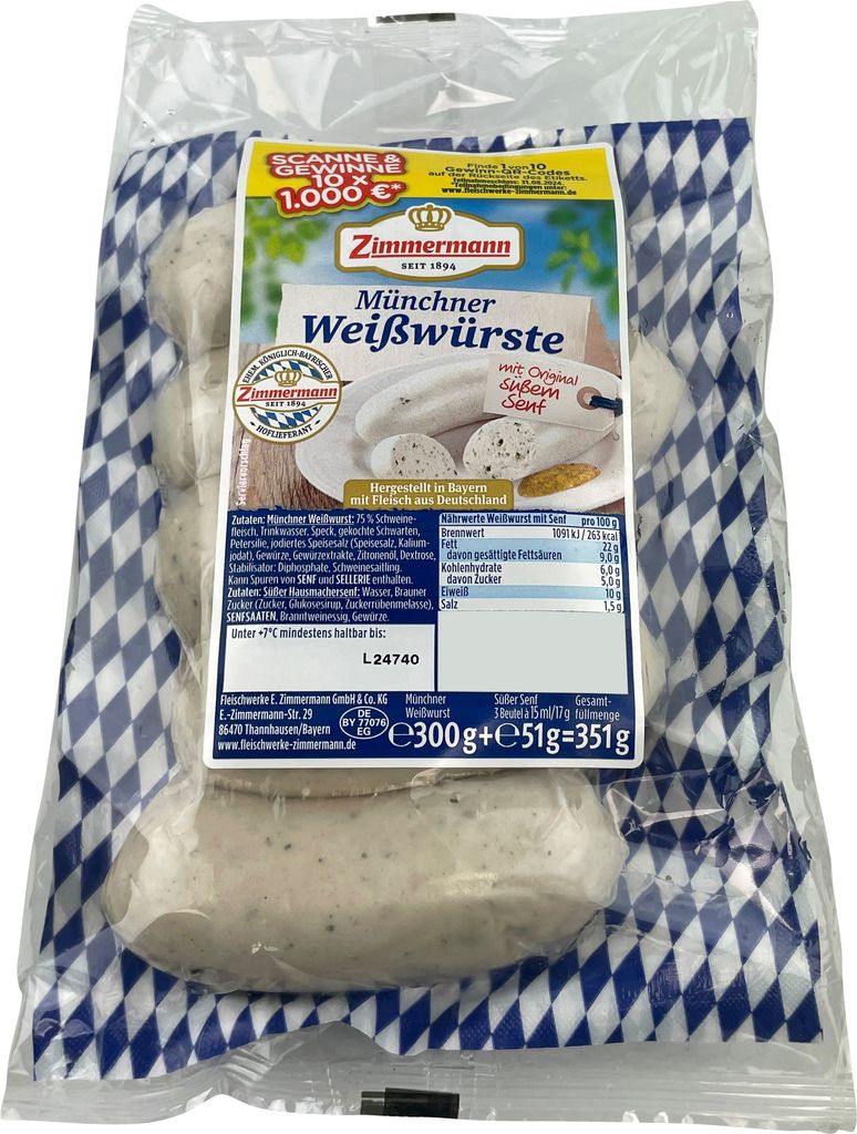 Food-United Weißwürste mit süßen Senf 351g als Set, Münchner-Weißwürste aus Bayern von ZIMMERMANN Fleischwerke, Brühwürste passend für Br...