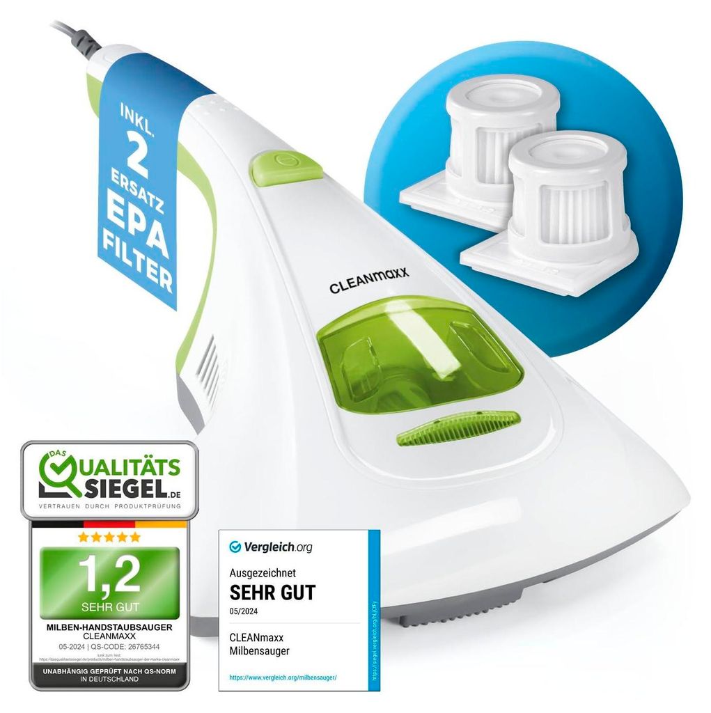 A CLEANmaxx handheld vacuum cleaner is shown with marketing overlays and certifications.