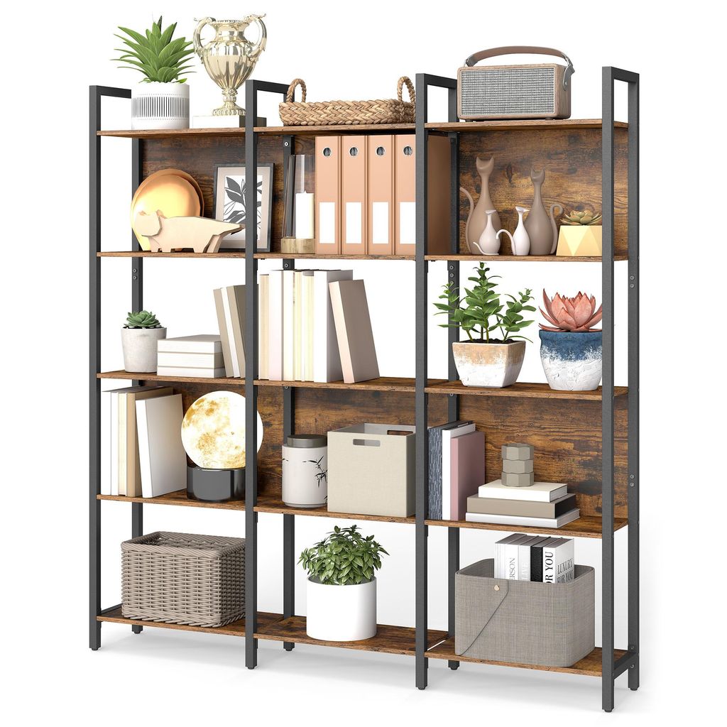 A multi-shelf bookcase filled with various decorative items and books.