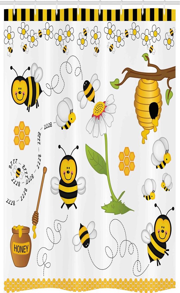 ABAKUHAUS Biene Schmaler Duschvorhang, Bienen Gänseblümchen Kamille, Badezimmer Deko Set aus Stoff mit Haken, 120 x 180 cm, Gelb Weiß Schwarz