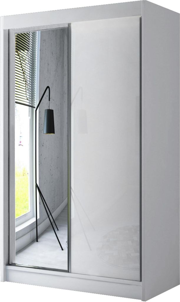 Weiß Schiebtürenchrank mit Hochglanz Jonas Kleiderschrank mit 2 Schiebtüren 150 cm breite Garderobenschrank mit Spiegel, Farbe: Weiß, lacobel w...