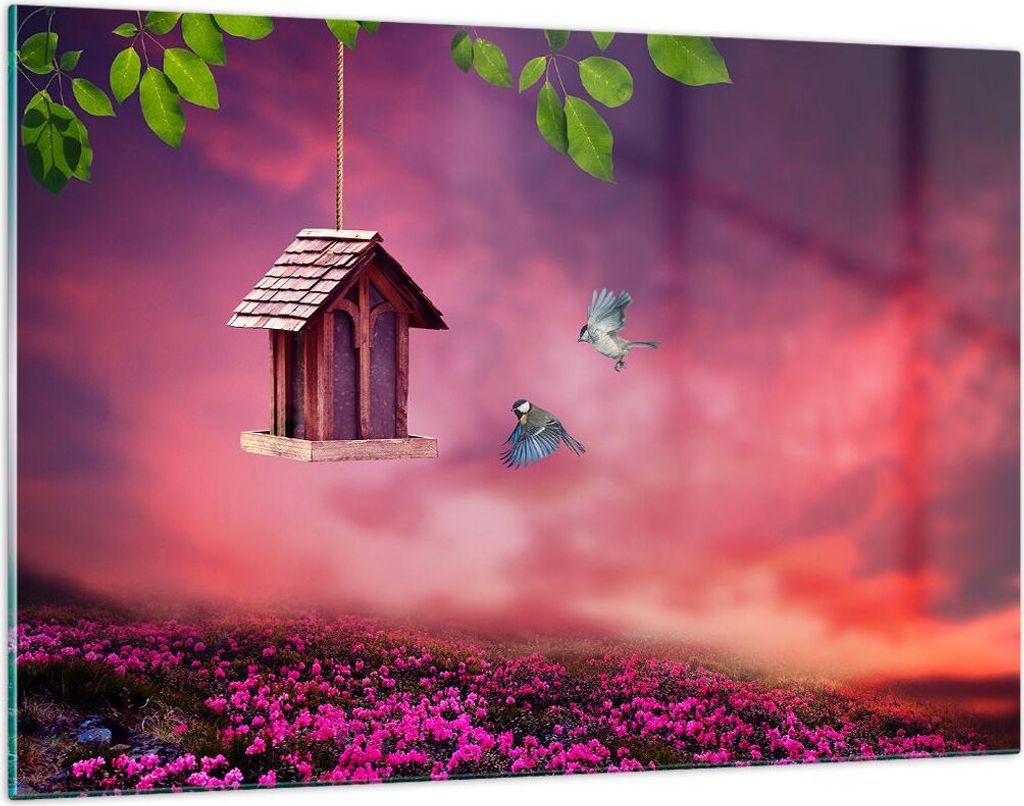Bilder auf glas - Vögel Wiese Garten Dekoration - 120x80cm Produktbild 