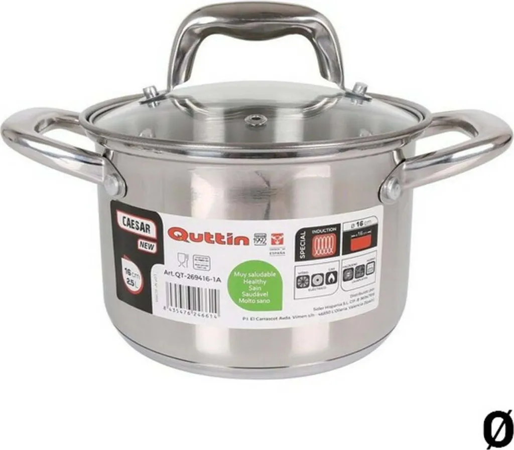 Casserole Anti-Débordement en Inox avec Couvercle Transparent 16 cm