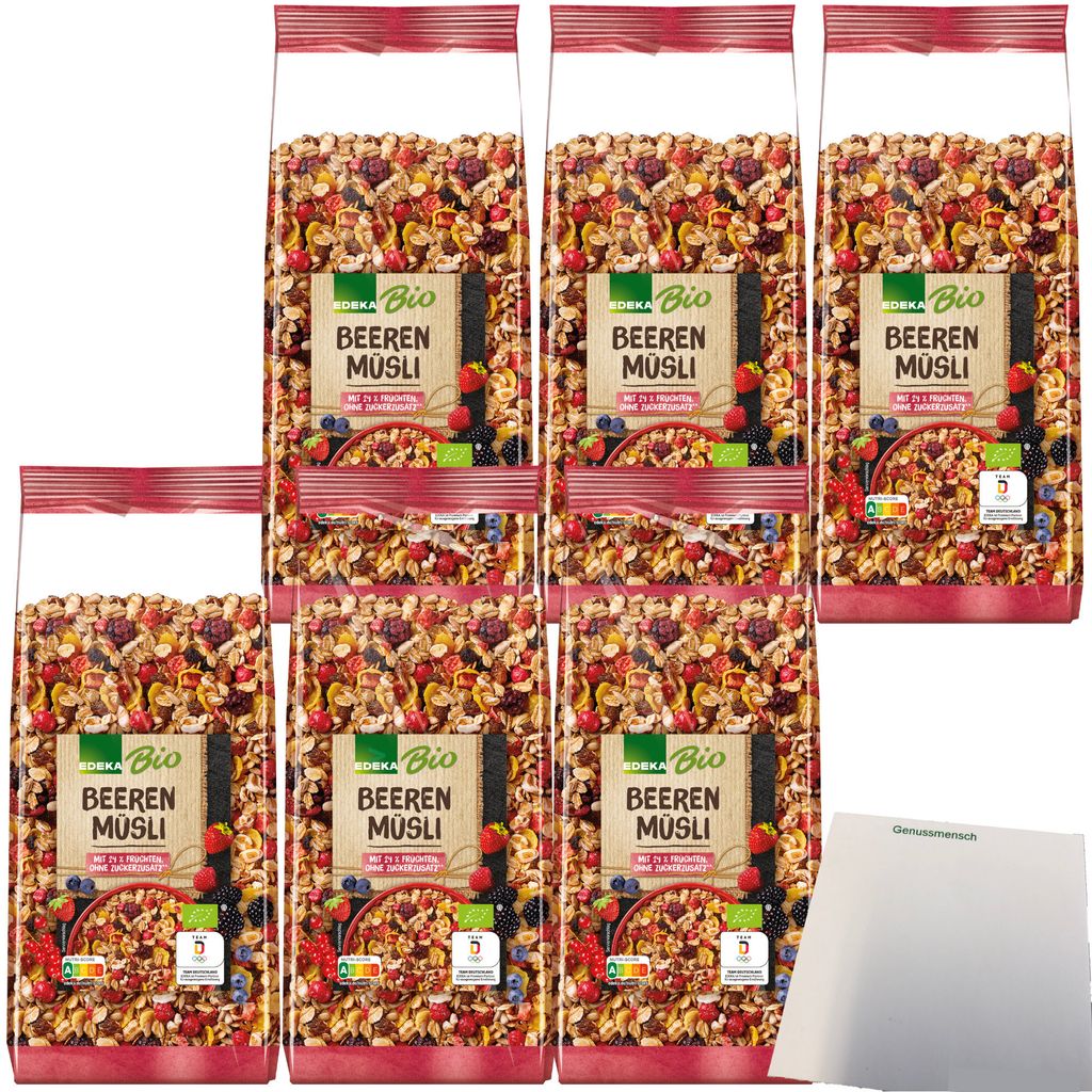 Edeka Beeren Müsli mit 24 % Früchten und Hafer- Roggen- und Weizenvollkornflocken 6er Pack (6x750g Packung) + usy Block