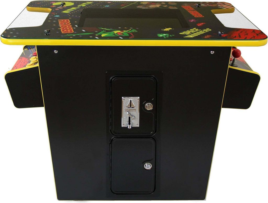 A close-up, front-facing view of a retro arcade game table.