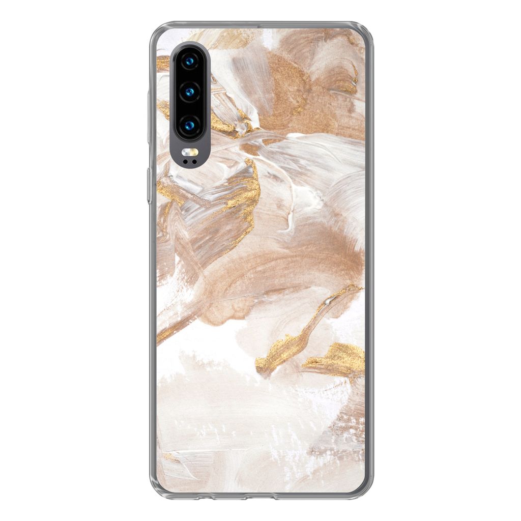 MuchoWow Handyhülle Schutzhülle Hülle für Huawei P30 Wasserfarbe - Gold - Braun Silikon Softcase Handy Hülle - Kartenbesitzer