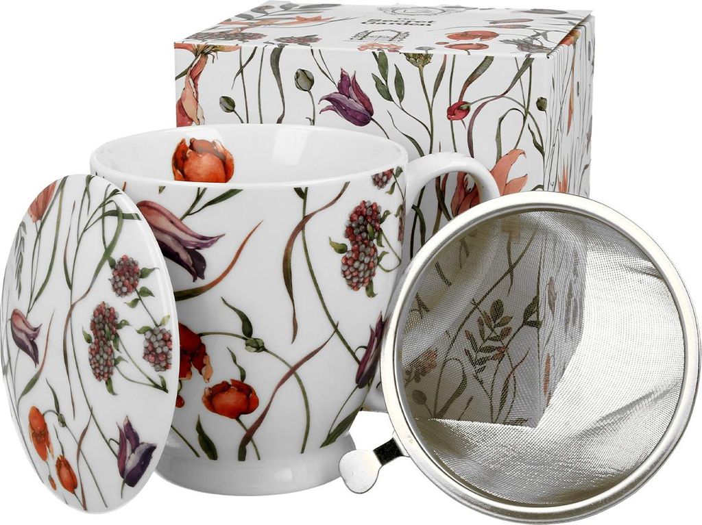 DUO | Kaffebecher mit Fuß - Teebecher - 510 ml - Bunt - Geblümt - Porzellan - Becher - mit Teesieb und Geschenkbox