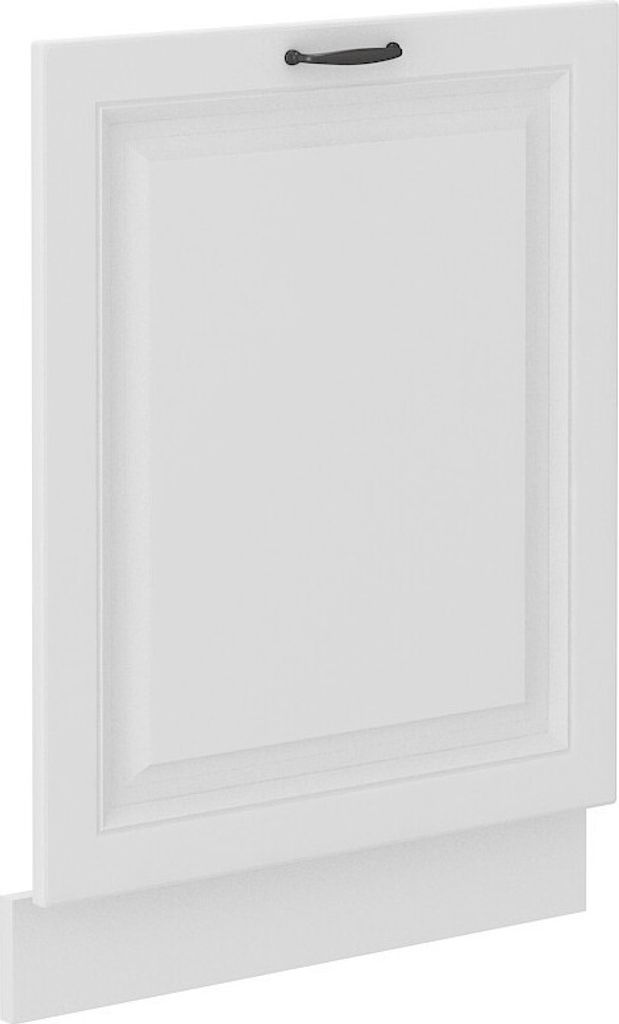 A white cabinet door with a black handle.