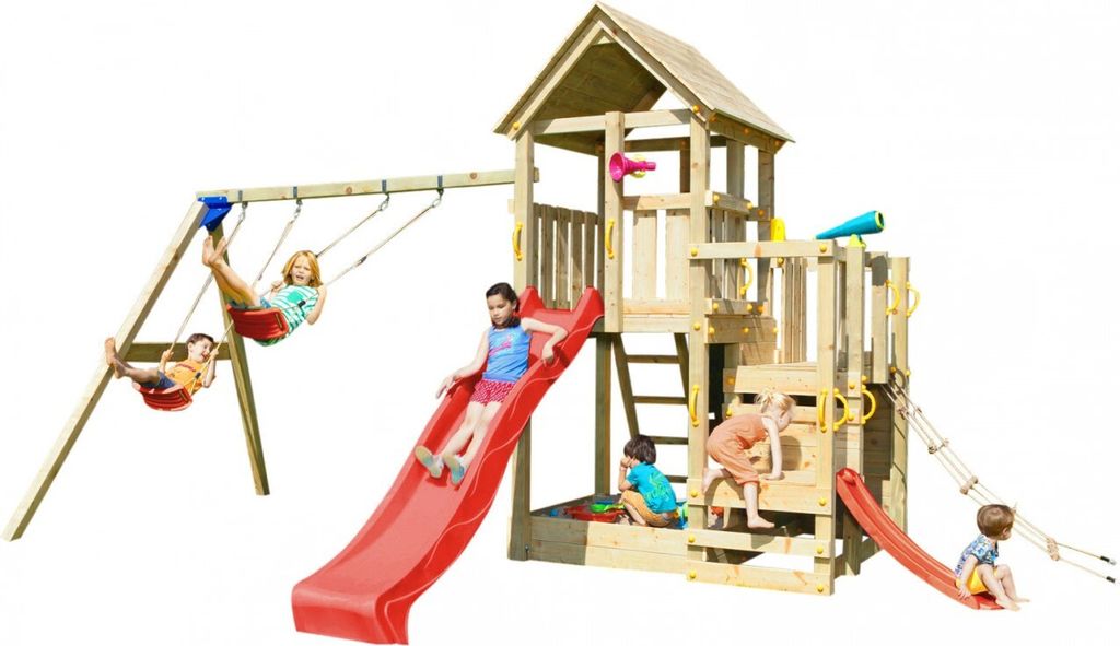 Spielturmking Spielturm PENTHOUSE mit Rutsche 2,90 m + Babyrutsche + Kletternetz + Doppelschaukel - Rot DH275