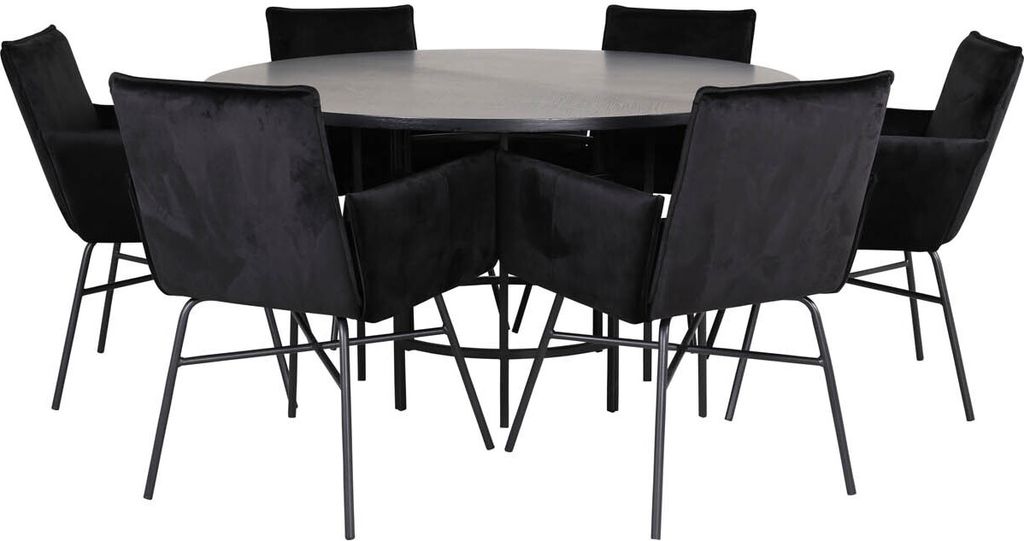 Copenhagen Essgruppe Esstisch braun und 6 Pippi Esszimmerstühle Velour schwarz.