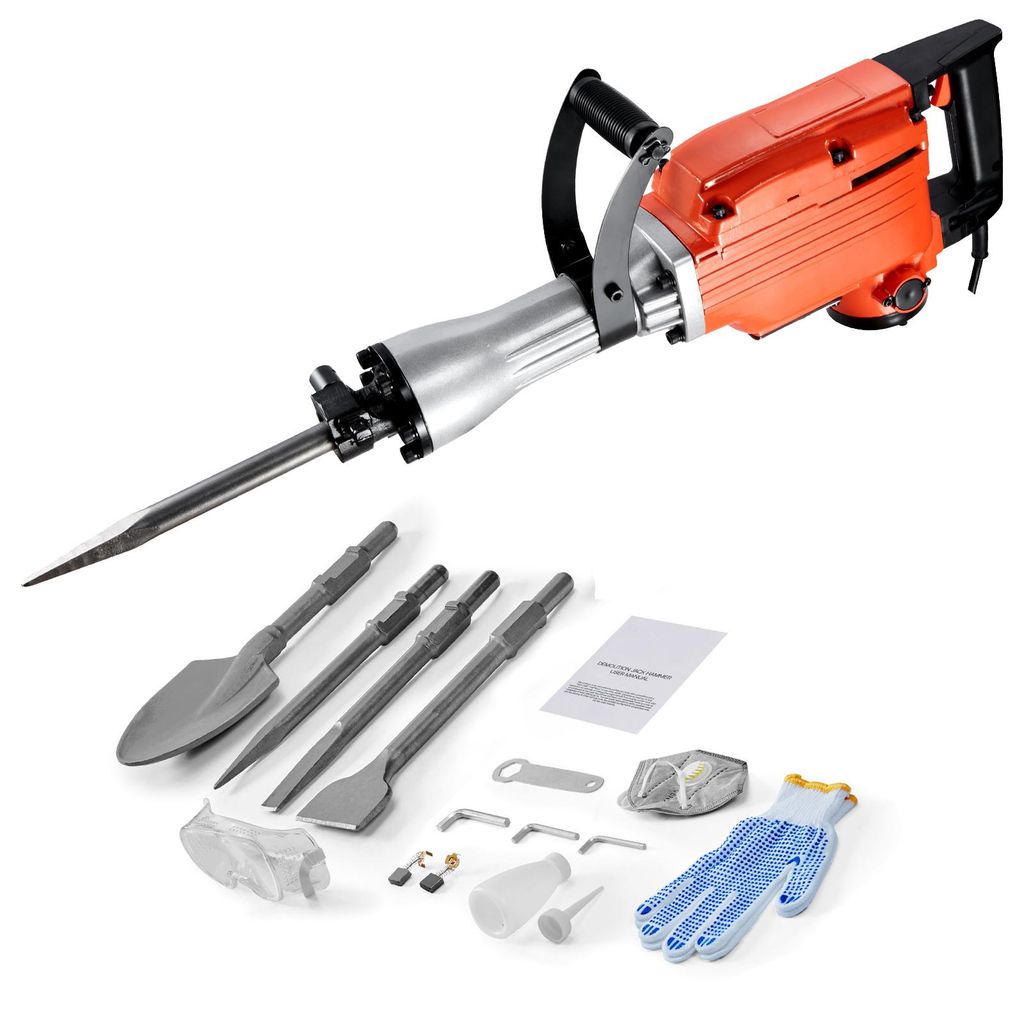 SucceBuy Abbruchhammer 2200 W, Bohrhammer Betonhammer 66 J 1350 Schläge/min, Stemmhammer mit 4 Meißeln, Handschuhen, Transportkoffer, 360° Drehg...