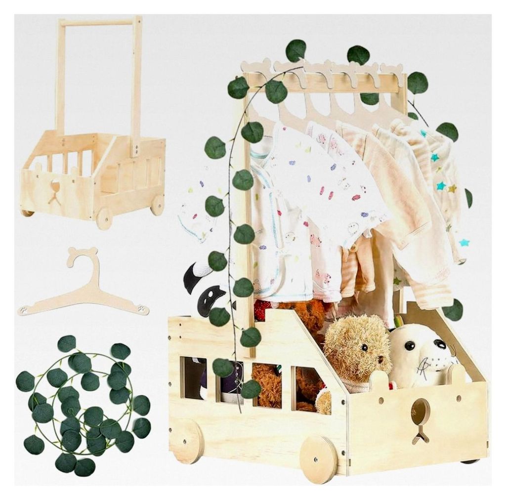 Holz Baby Geschenk Korb mit Griff, Dekorblättern und 5 Kleiderbügeln, Aufbewahrungsbox für Babyparty, Personalisierbares Geschenk für werdende ...