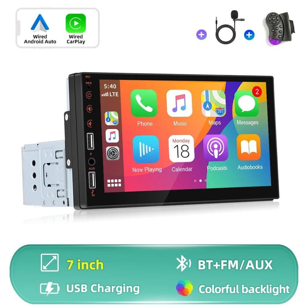 Autoradio - 1-DIN MP5-Player - Kabelgebundenes CarPlay - Touchscreen 17,8 cm 1024x600 - Bluetooth & FM-Radio - USB, bis 64 GB - Ausgangsleistung 4x...