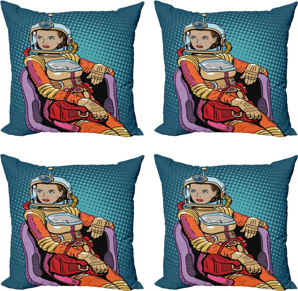 ABAKUHAUS Astronaut Kissenbezug Set (4 Stück), Raum Lady Purse, Moderner Doppelseitiger Digitaldruck, 45 cm x 45 cm, Petrol Blau Multicolor