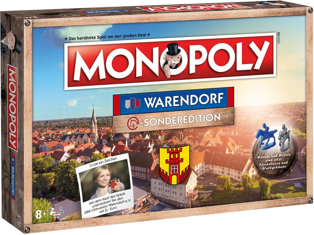 The image shows the front of a Monopoly board game box with a cityscape and a photo of a woman.