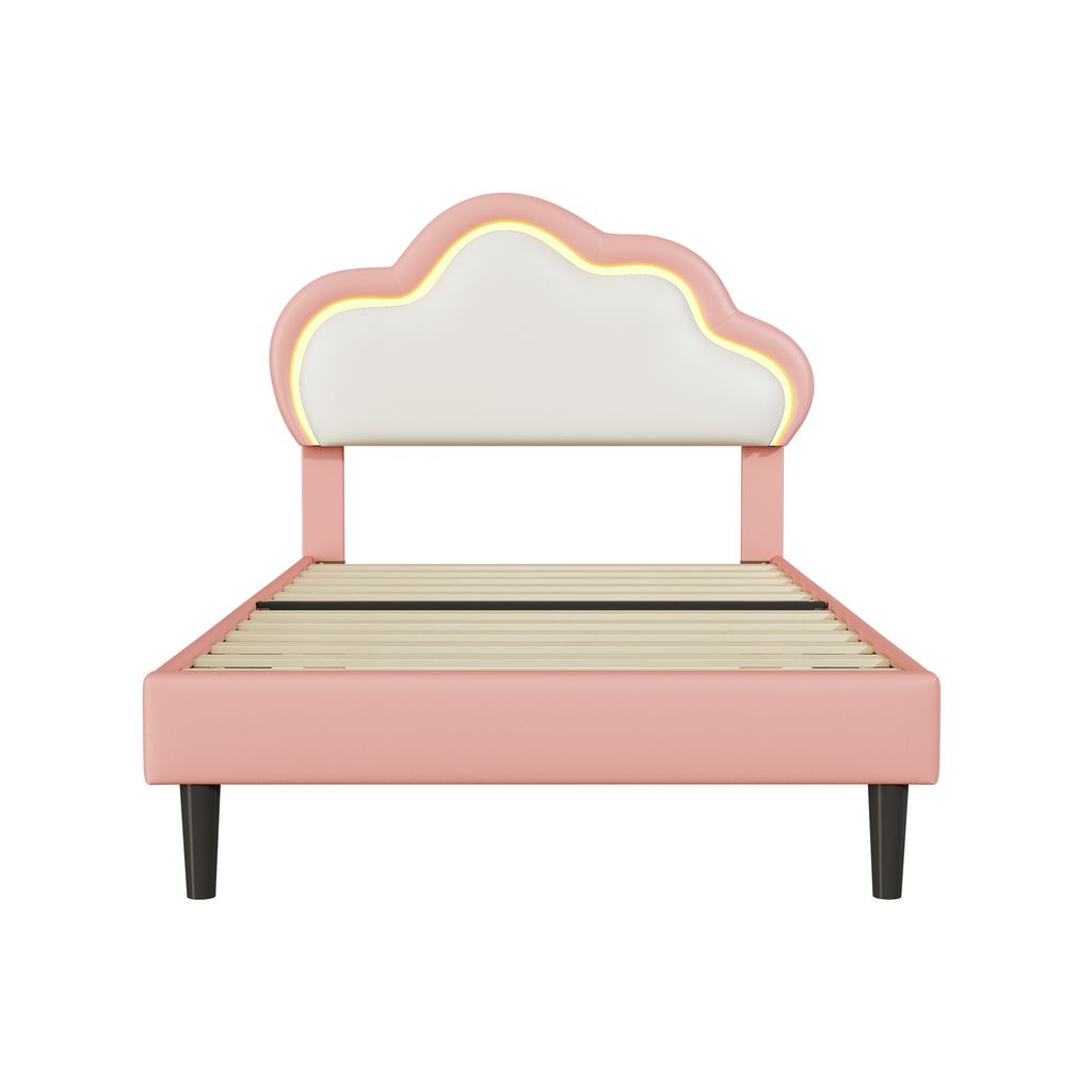 Gepolstertes Bett 90 x 200 cm mit verstellbarem Kopfteil, LED-Beleuchtung, Einzelbett für Mädchen aus Leder, PU, Rosa