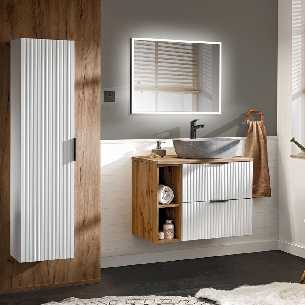 Badmöbel Set 3-teilig weiß ADELAIDE-56-WHITE Modern mit Eiche Nb., Front in Rillenoptik