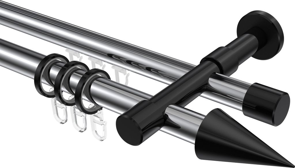 Interdeco Rundrohr-Innenlaufstange / Gardinenstange (Kombination) Chrom / Schwarz, Typ Prestige Savio (Kegel), 20 mm Ø 2-läufig, 420 cm
