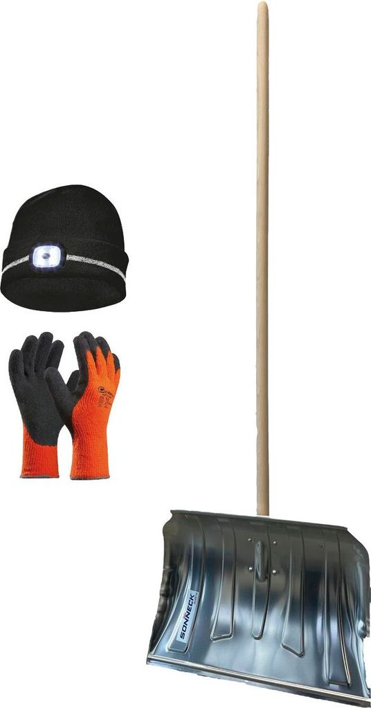vasalat Schneeschieber Alu mit massivem Holzstiel - Schneeschaufel + Mütze mit LED Licht schwarz + Winter Arbeitshandschuhe Gr.10