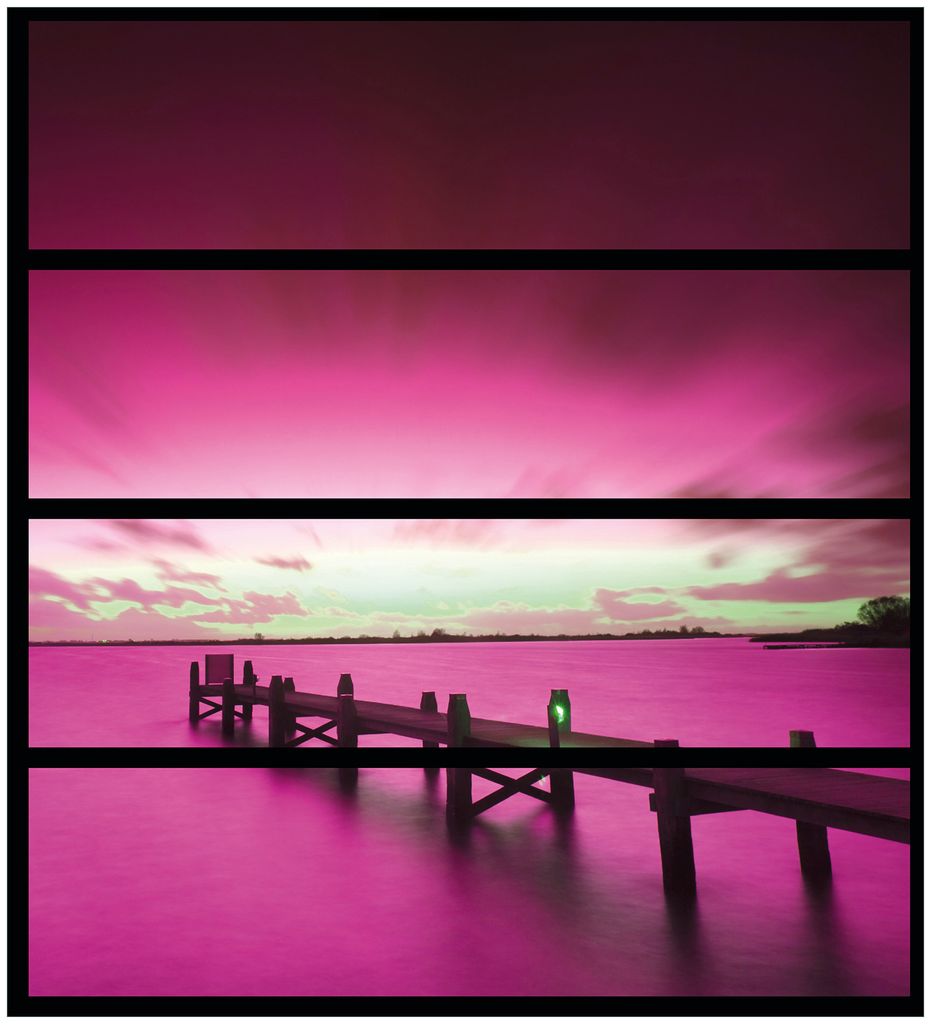 Wallario Möbelfolie / Aufkleber, geeignet für Ikea Malm Kommode mit 4 Schubfächern - Steg bei Abenddämmerung -Himmel bei Nacht Lila gefärbt