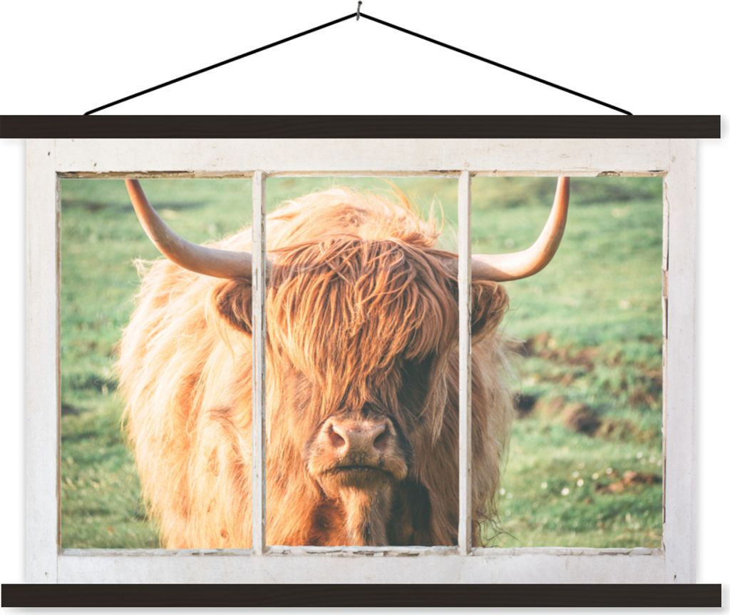 MuchoWow Textilposter Schottische Hochlandrind - Natur - Ansicht 90x60 cm mit schwarzem Rahmen - Aufhängungssatz