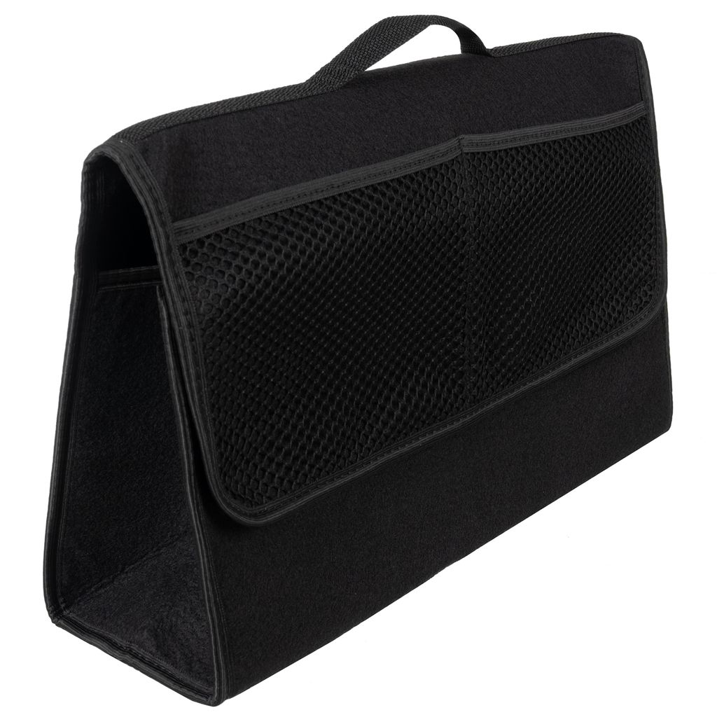 A black felt trunk organizer with mesh pockets.