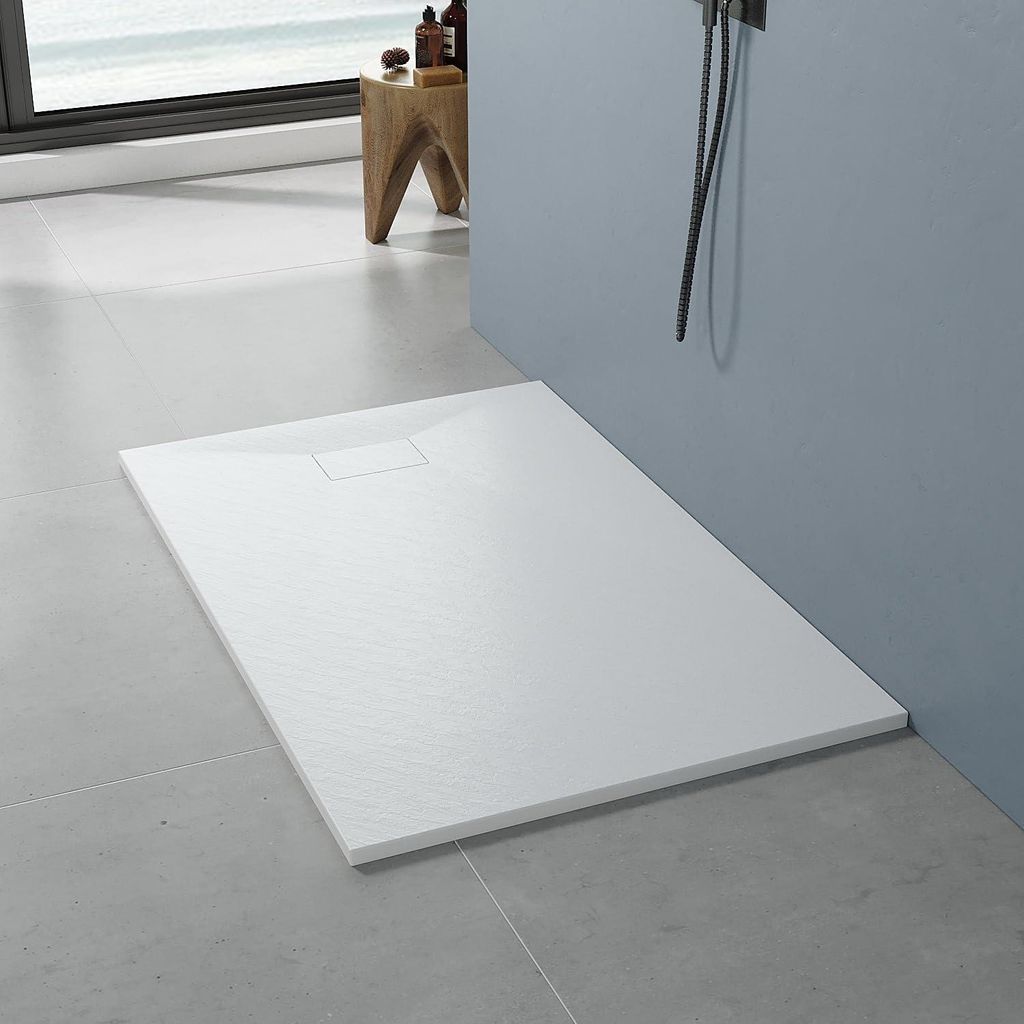 Duschtasse Duschwanne Rechteck in Steinoptik Weiße Rutschfeste SMC Brausewanne Brausetasse ohne Ablaufgarnitur 140 x 90 x 3.2 cm