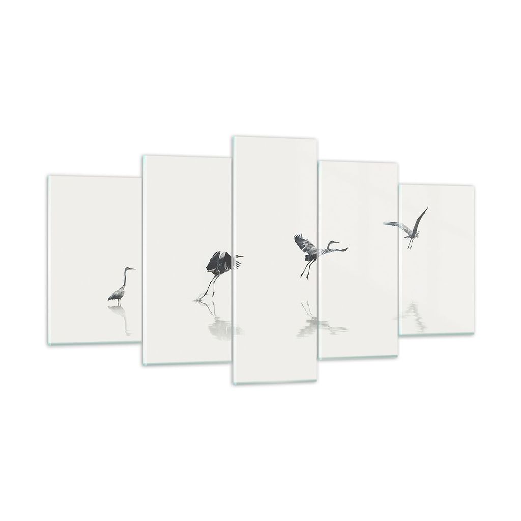 Bilder auf glas - 5 Teile - Flug Vogel Reiher - 160x85cm - Glasbilder - Wandbilder - Bilder - zum Aufhängen bereit - Wanddekoration aus Glas - Gla...