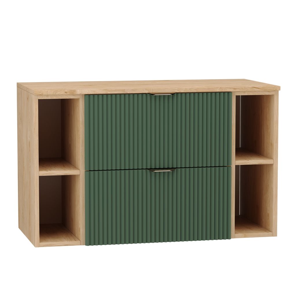 WENA Waschtischunterschrank 100 cm, mit 2 Regale, geriffelte Fronten, Griffe aus Metall in der Farbe Gold (Farbe: Salbei/Eiche)