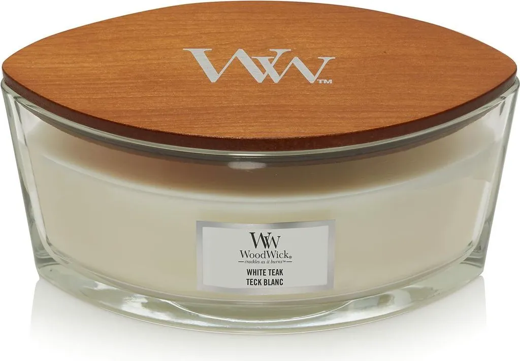 Bougie Ellipse White Teak Woodwick 453 g : Ambiance Boisée et Crépitante