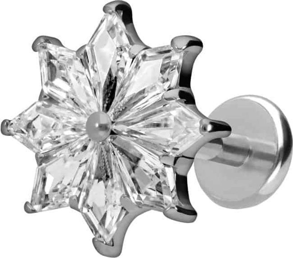 Ohrpiercing, Nasenpiercing Titan Labret mit Push Fit KRISTALLSTERN Silber Stablänge: 7mm | Stabstärke: 1mm