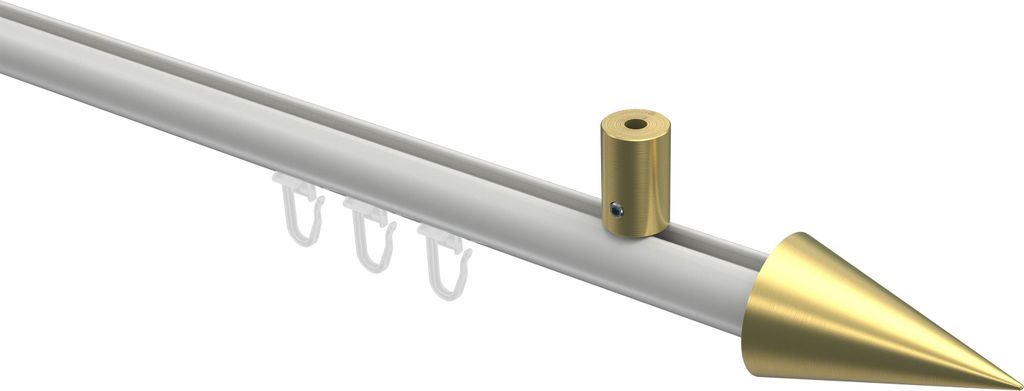 Interdeco Innenlaufstange / Gardinenstange mit Innenlauf Weiß / Messing-Optik, Typ Sonius Savio (Kegel) Deckenmontage, 20 mm Ø 1-läufig, 140 cm
