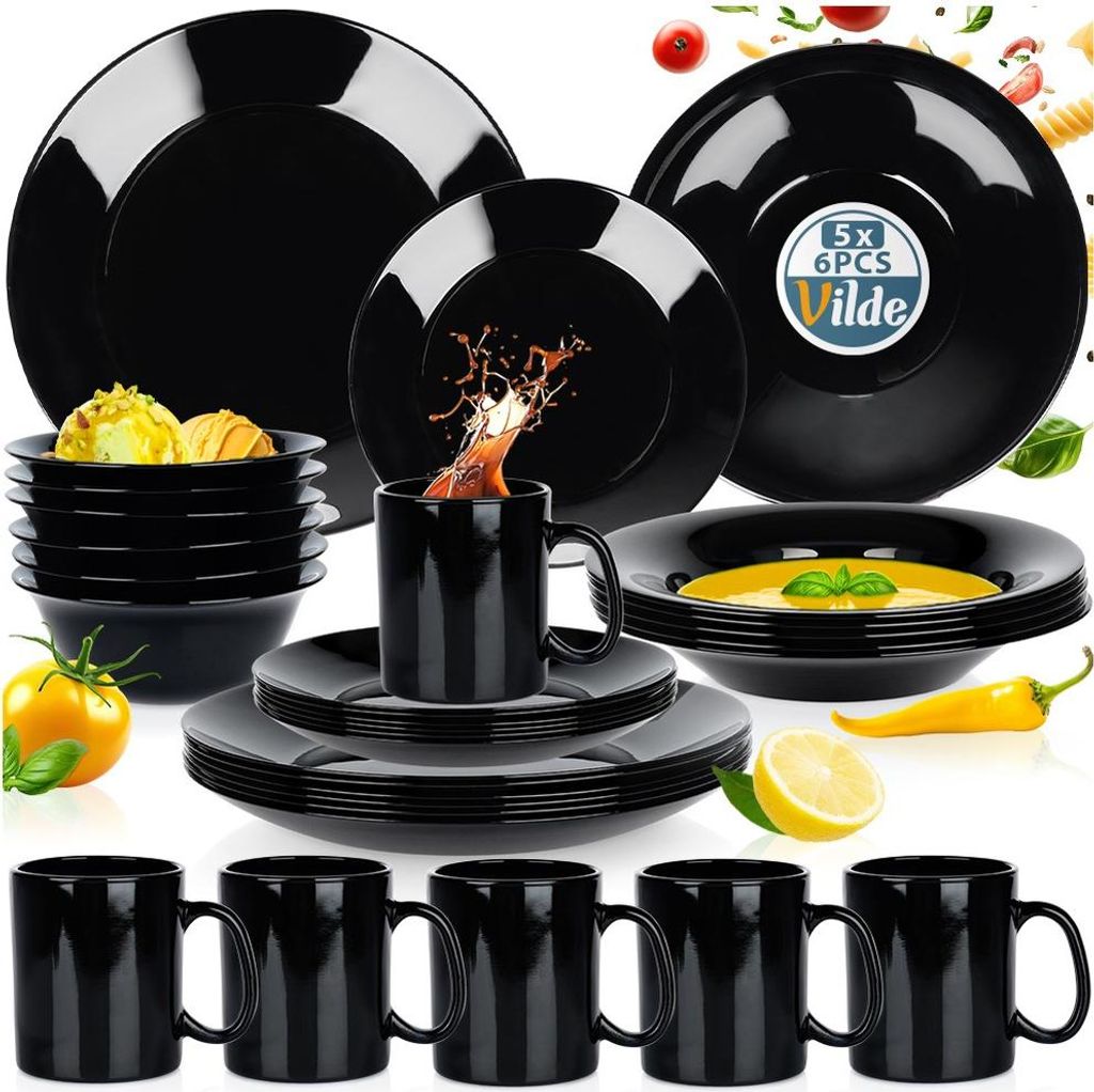 A collection of black dinnerware and mugs is displayed on a white background, with some food items and decorative elements.