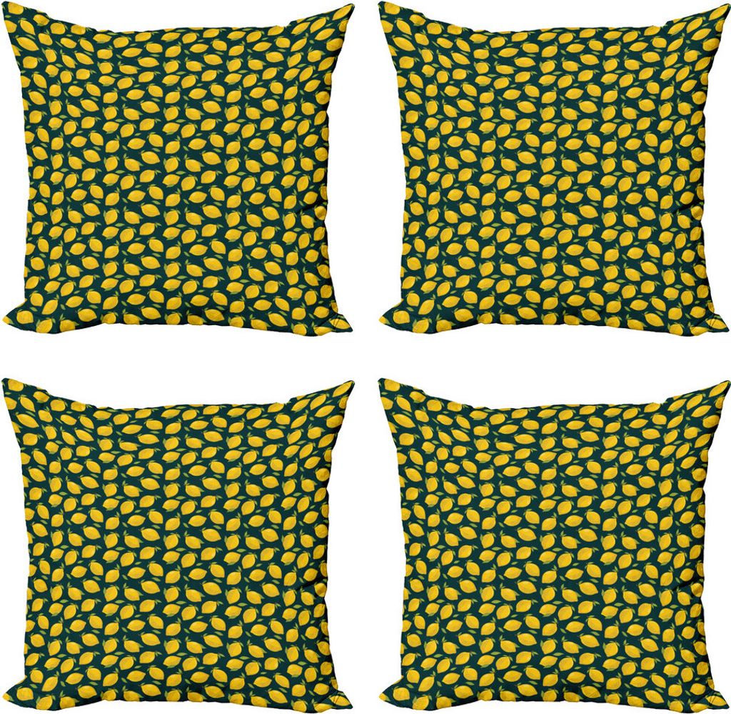 ABAKUHAUS Zitronen Kissenbezug Set (4 Stück), Citrus Cartoon mit Blättern, Moderner Doppelseitiger Digitaldruck, 50 cm x 50 cm, Dunkle Teal Yellow
