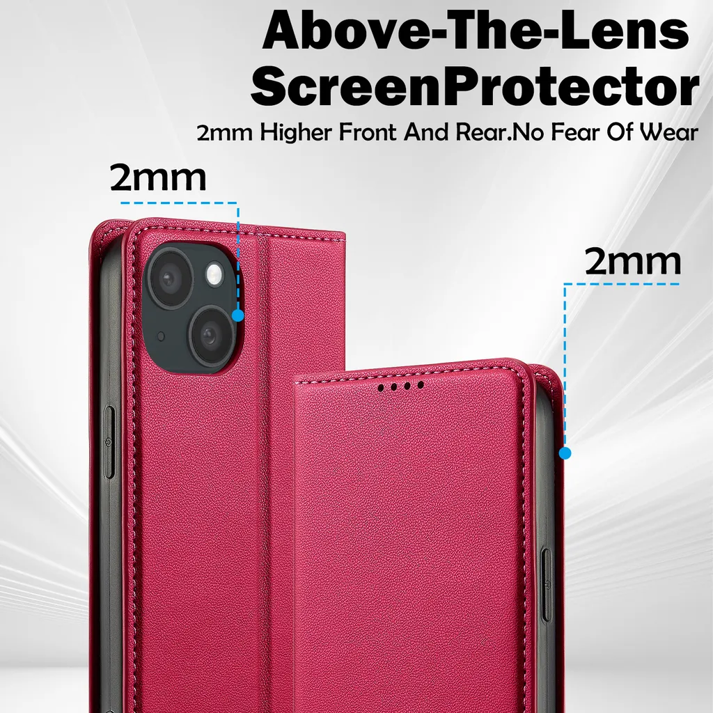 Custodia iPhone 15 Pelle Rossa Magnetica Flip - Protezione Elegante - 4