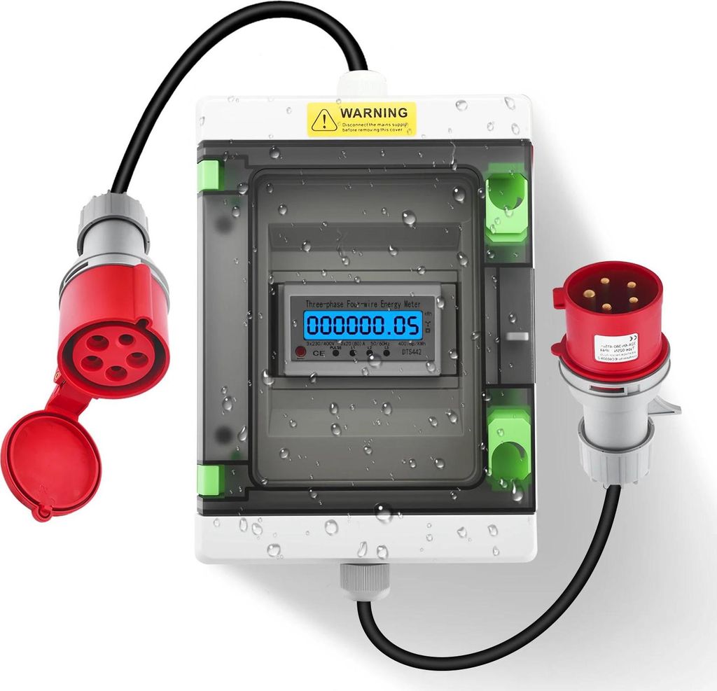 Mobiler Stromzähler - 3-phasiger Energiemesser - 16A 32A 380V - Digitaler kWh Zähler mit CEE Stecker und Kupplung - Echtzeit-Display - Weiß