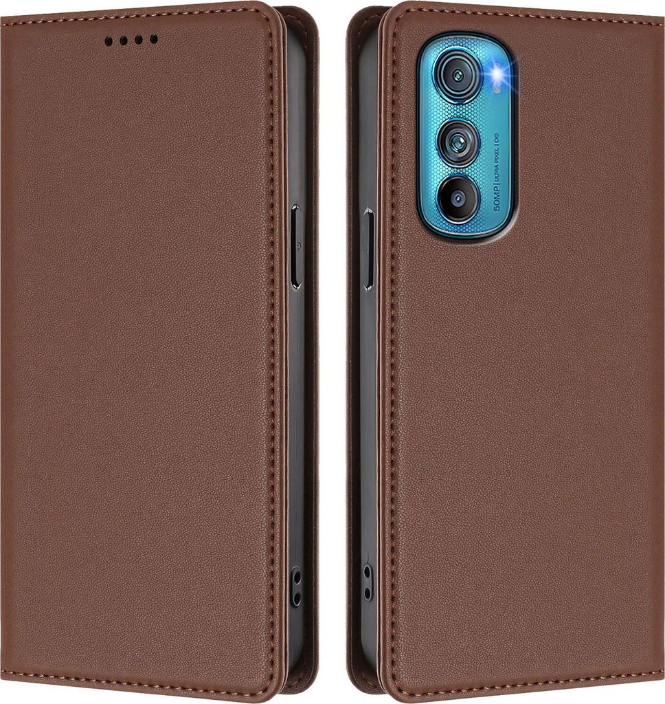 Handyhülle für Motorola Edge 30, Kunstleder Klapphülle Stoßfeste Magnetische Hülle mit Ständer Braun