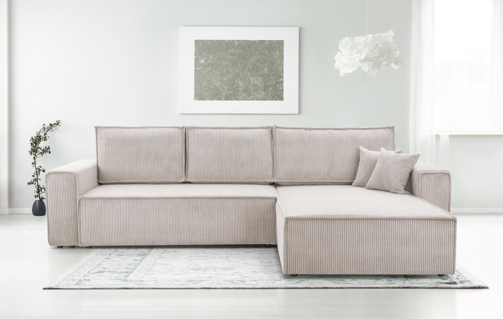 Ecksofa l-förmig MALIBU L-form Sofa mit Cordstoff gepolstert Ecke mit Schlaffunktion Couch mit Bettkasten 290 cm, Beige, Poso 100