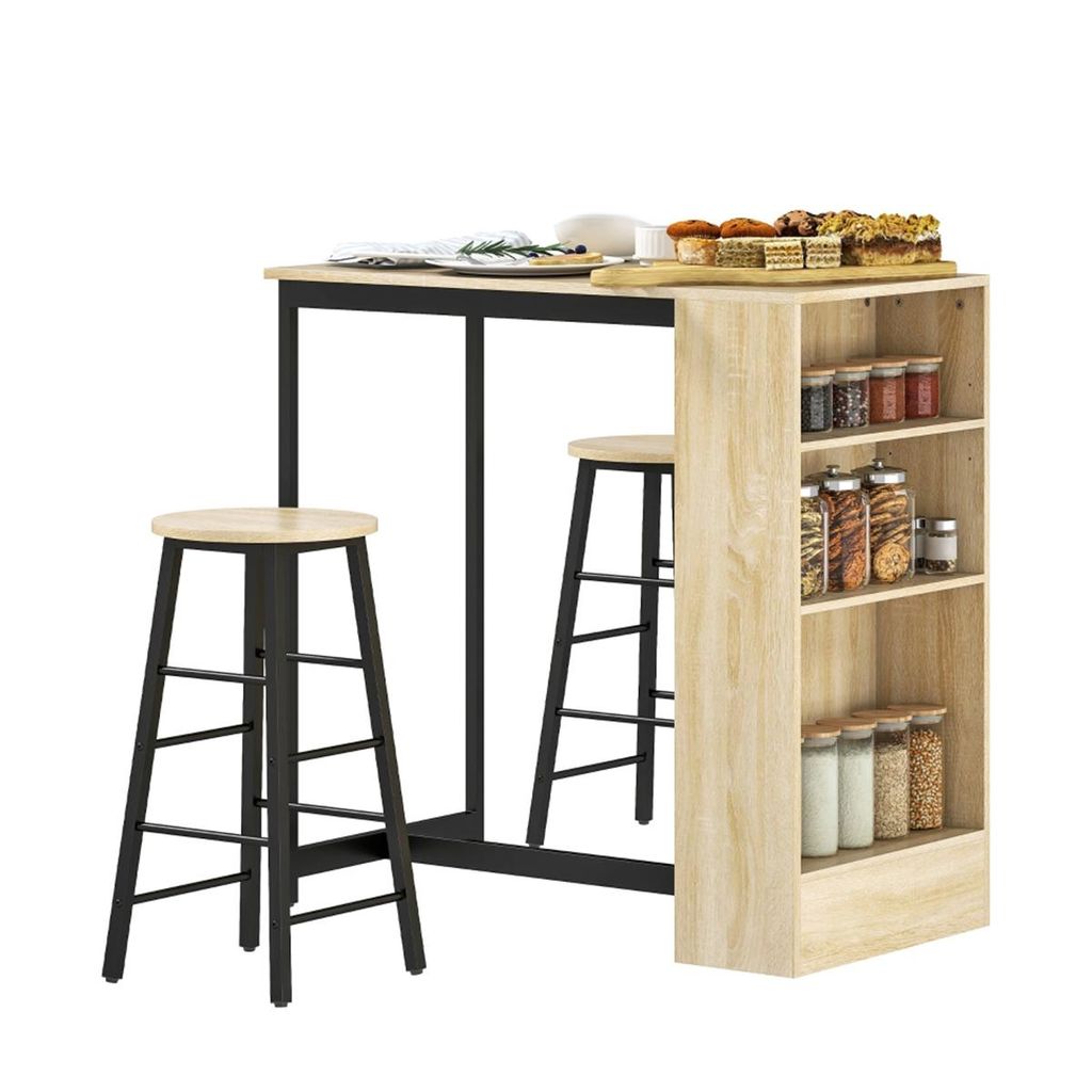 3-tlg Bartisch-Set mit Küchentisch und 2 Stühle Stauraum für Esszimmer Küche Hellbraun+Schwarz