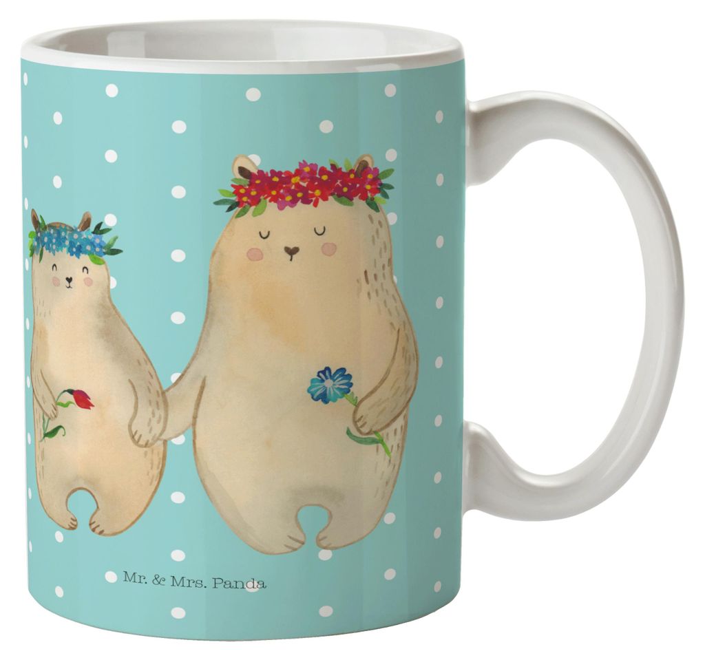 Mr. & Mrs. Panda Teetasse Bären mit Blumenkranz - Türkis Pastell - Geschenk, Family, Pott, Tasse, Bär, Familie, Mama, Kaffeebecher, Bedruckte, M...