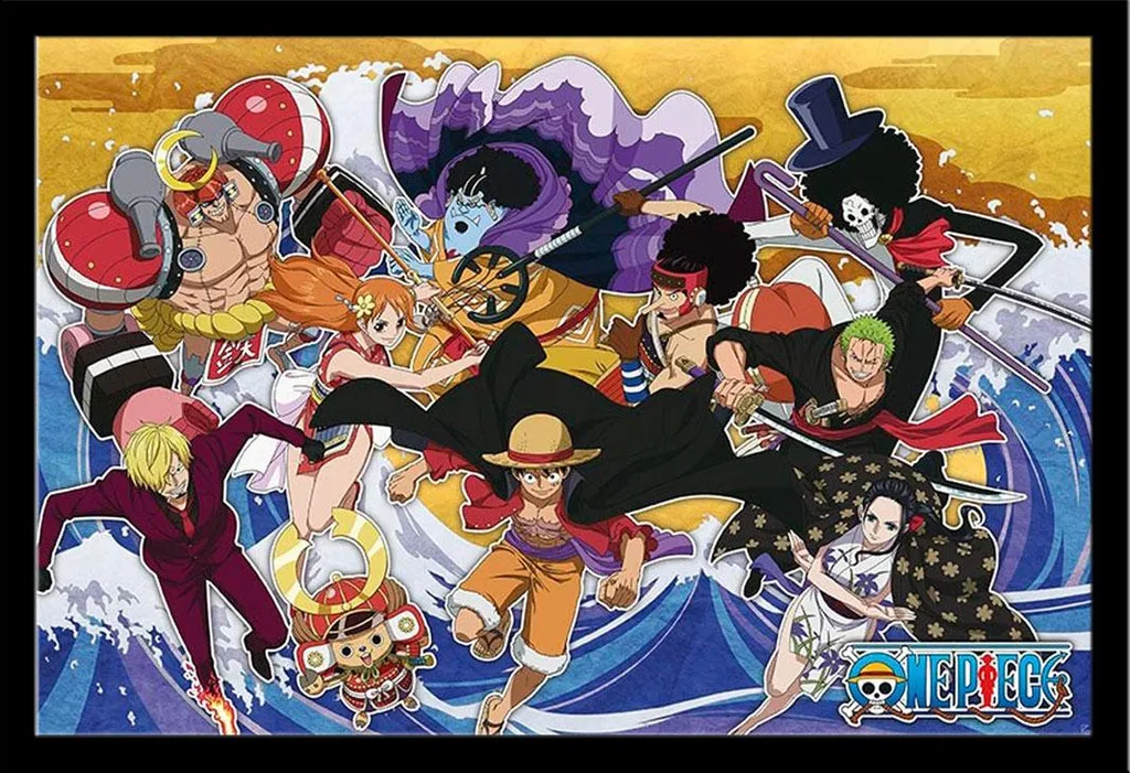 Poster One Piece The Crew in Wano avec cadre noir Shinsuke MDF 61x91,5 cm