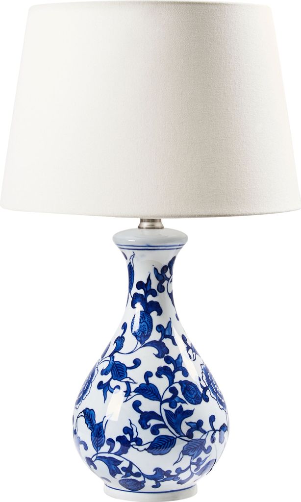 BELIANI Tischlampe Weiß und Blau Porzellan Vasenform 48 cm Stoffschirm Trommelform Langes Kabel mit Schalter Modern Schlaf- u. Wohnzimmer Beleuchtung